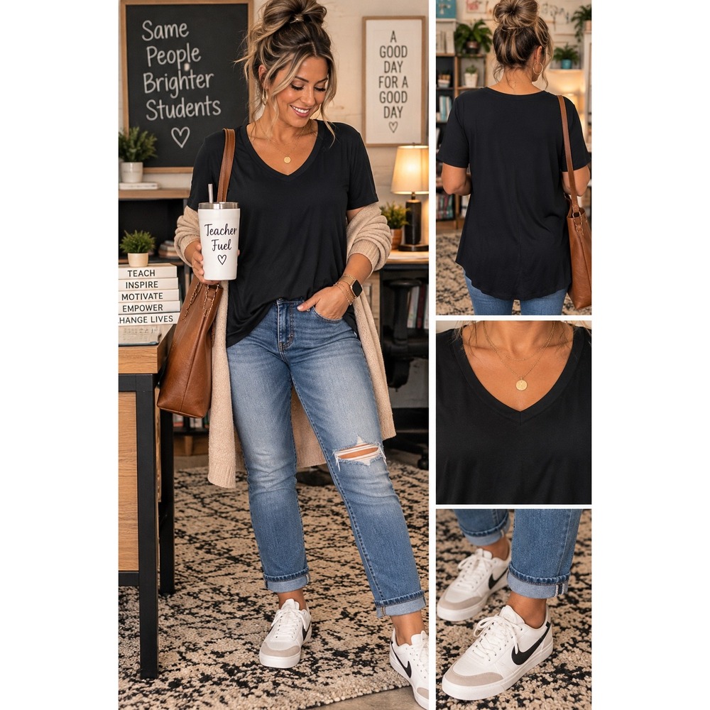 Isaac Mizrahi Live Essentials V-Neck Tee Medium Black
